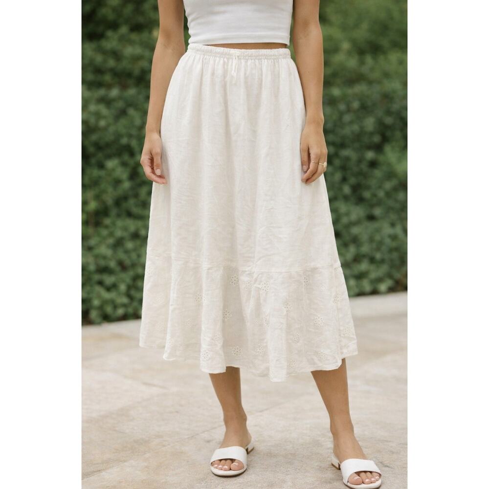 ZARA Eyelet Trim Elastic Waist Pull On Cotton Midi Skirt White XL